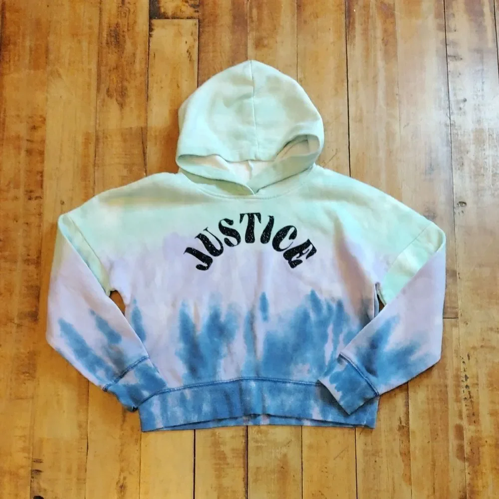 Justice Hoodie Size 7 to 8 Tie Dye Purple Green Cotton Back To School